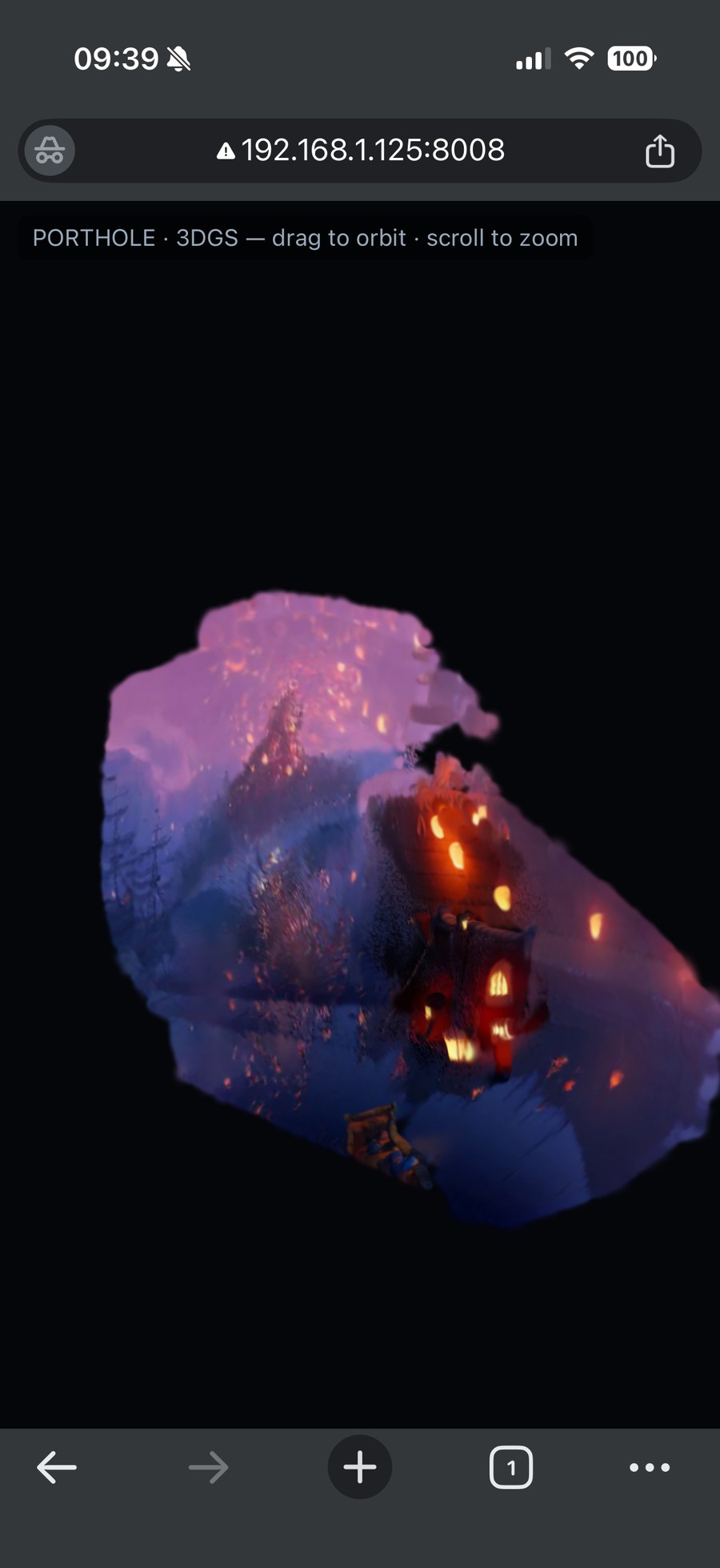 The first bake on a phone: a small grainy floating chunk of world in a black void.