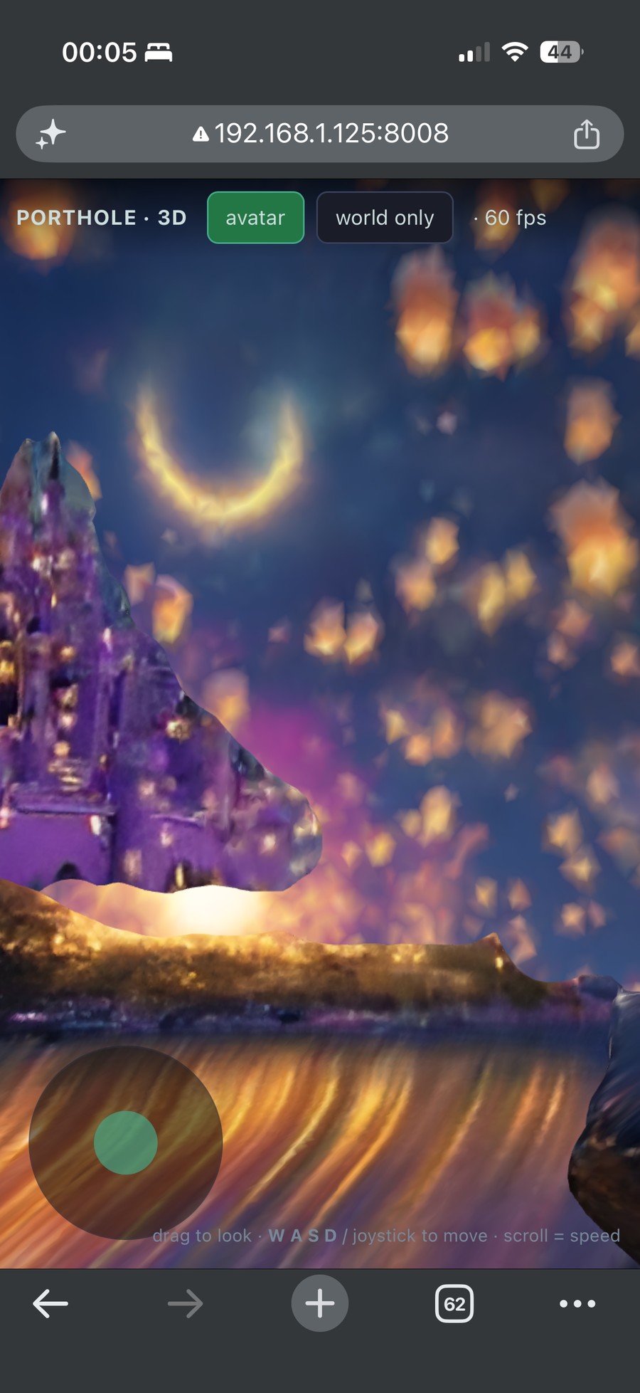 The lantern scene running in a browser tab: crescent moon, castle, floating lanterns, water reflections.