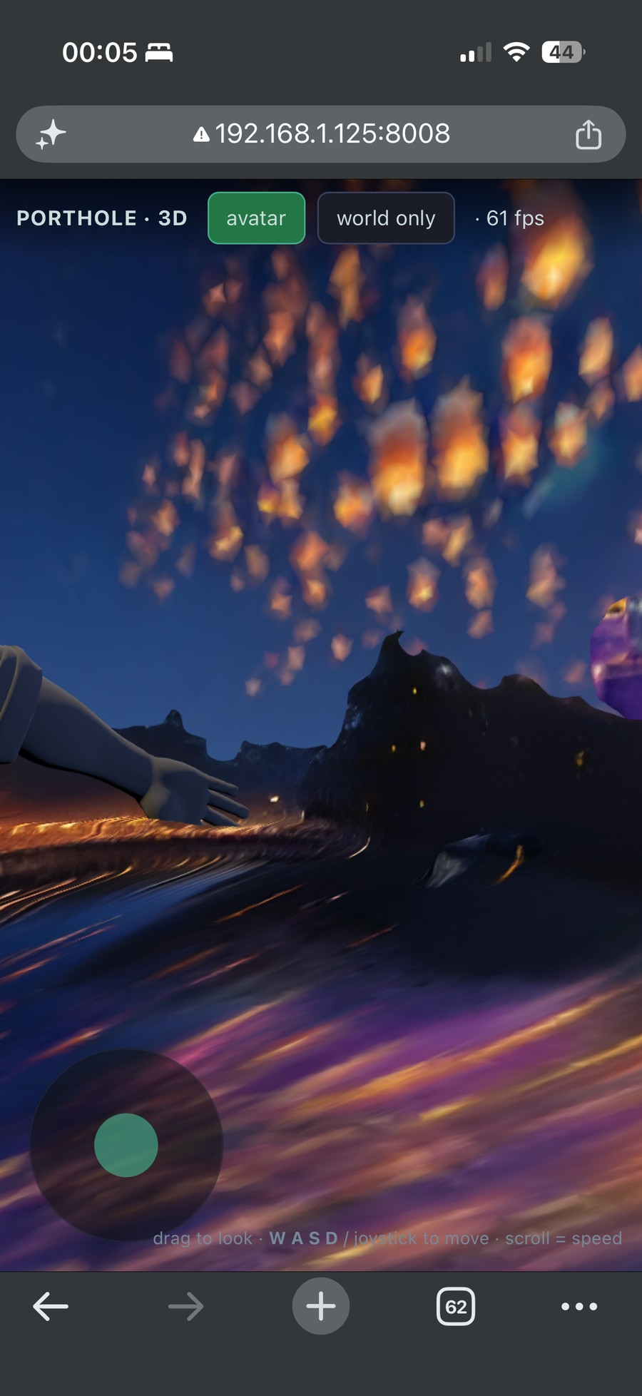Looking up at the sky full of lanterns from inside the world, with a character's arm reaching into frame.